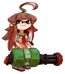  :3 ahoge commentary_request female full_body gun heavy_splatling_(splatoon) inkling inkling_player_character kantai_collection kuma_(kancolle) long_hair pointy_ears ryuuto_(ryutopia) school_uniform serafuku shoes simple_background smile solo splatoon_(series) splatoon_1 super_soaker tentacle_hair weapon white_background 