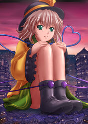  bad_id bad_pixiv_id bare_legs black_footwear boots city commentary_request destruction female frilled_sleeves frills giant giantess green_eyes green_skirt hat hat_ribbon heart heart_of_string highres hugging_own_legs komeiji_koishi long_sleeves looking_at_viewer manzi panties pantyshot ribbon rubble shirt short_hair sitting skirt smile solo touhou underwear white_hair white_panties yellow_shirt 