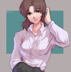  bad_id bad_pixiv_id breasts brown_eyes brown_hair coat collarbone commentary_request dress_shirt female genderswap_(mtf) ghost_in_the_shell green_background grey_background hand_to_head hand_up katsuoboshi long_hair looking_at_viewer medium_breasts rule_63 shirt simple_background solo togusa_(gits) twitter_username unworn_coat upper_body white_shirt 