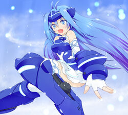  armor blue_eyes blue_hair blue_sky breastplate commentary_request detached_sleeves female fingerless_gloves gauntlets gloves greaves headgear light_particles long_hair mechanical_legs mechanical_parts shiraso_(silaso) sky smile solo thighhighs vividblue vividred_operation white_thighhighs 