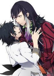  2boys bad_id bad_pixiv_id black_hair brown_eyes formal fur_trim gloves grabbing_another&#039;s_chin hand_on_another&#039;s_chin jude_mathis kiragera long_hair male_focus multicolored_hair multiple_boys necktie pinstripe_pattern red_eyes rideau_(tales) striped suit surprised sweat tales_of_(series) tales_of_xillia tales_of_xillia_2 two-tone_hair white_background white_hair 