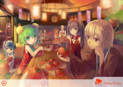  2boys 5girls black_eyes black_hair blue_eyes blurry brown_eyes brown_hair commentary_request depth_of_field double_bun drinking drinking_straw green_eyes green_hair hair_bun hair_ornament holding lino-lin long_hair multiple_boys multiple_girls photoshop_(medium) pixiv_fantasia pixiv_fantasia_5 pomo_(lino-lin) short_hair single_hair_bun sitting tomato trigard_empire twintails 