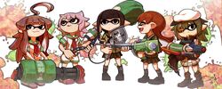  5girls aerospray_(splatoon) ahoge commentary eyepatch game_console giant_brush gloves gun hat heavy_splatling_(splatoon) highres huge_ahoge inkbrush_(splatoon) inkling inkling_player_character kantai_collection kiso_(kancolle) kitakami_(kancolle) kuma_(kancolle) long_hair multiple_girls ooi_(kancolle) open_mouth paint_splatter paintbrush pointy_ears remodel_(kantai_collection) ryuuto_(ryutopia) school_uniform serafuku shoes short_hair skirt smile splatoon_(series) splatoon_1 splattershot_jr_(splatoon) splattershot_pro_(splatoon) super_soaker tama_(kancolle) tentacle_hair water_gun weapon wii_u 