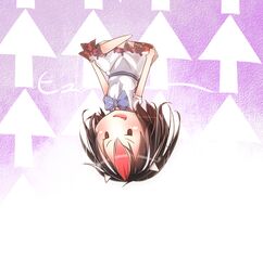  arrow_(symbol) bikuseno black_hair bow chibi commentary_request cone_horns crossed_legs dress female floating grey_horns horns indian_style kijin_seija multicolored_hair red_hair short_hair sitting small_horns smile solo streaked_hair touhou upside-down white_hair 