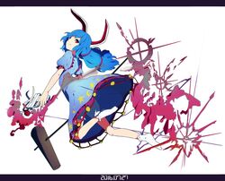  animal_ears arched_back bad_id bad_twitter_id bloomers blue_dress blue_hair crescent crescent_print dated dress female frilled_dress frills full_body gun jumping kine letterboxed looking_at_viewer looking_back mallet puffy_short_sleeves puffy_sleeves rabbit_ears red_eyes seiran_(touhou) shishi_osamu short_sleeves solo star_(symbol) star_print tied_hair touhou underwear weapon white_background white_legwear 