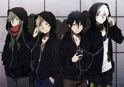  3boys against_wall averting_eyes black_eyes black_hair black_hoodie blank_stare blue_pants brown_pants brown_shirt casual cellphone closed_mouth collarbone collared_shirt colored_eyelashes copyright_name cowboy_shot cross-laced_clothes cross-laced_slit earphones empty_eyes expressionless facial_mark female green_hair grey_pants group_picture hair_between_eyes hand_in_pocket hands_in_pockets holding holding_phone hood hood_up hoodie kagerou_project kano_shuuya kido_tsubomi kisaragi_shintarou konoha_(kagerou_project) light_brown_hair lineup long_hair looking_at_viewer looking_to_the_side matching_outfits multiple_boys notched_neckline official_art pants phone photoshop_(medium) pocket red_eyes red_shirt scan scan_artifacts shadow shared_earphones shirt short_hair sideways_glance smartphone smile t-shirt wall white_hair yellow_pants 