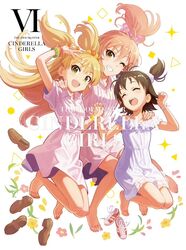  3girls ^_^ akagi_miria album_cover artist_request bad_google+_id bad_id bad_link barefoot black_hair blonde_hair bow bracelet closed_eyes copyright_name cover dress dvd_cover feet flower green_eyes grin hair_ornament hairbow highres holding_hands idolmaster idolmaster_cinderella_girls interlocked_fingers jewelry jougasaki_mika jougasaki_rika long_hair multiple_girls nail_polish official_art one_eye_closed pink_hair ponytail ring scrunchie shoes smile two_side_up unworn_shoes yellow_eyes 