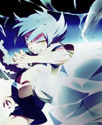  1boy commentary_request fubuki_atsuya grin ice inazuma_eleven inazuma_eleven_(series) kicking looking_at_viewer male_focus scarf shorts smile solo spiked_hair wato_samirika white_hair yellow_eyes 