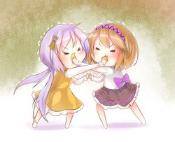  2girls bikuseno bow brown_hair chibi chips_(food) commentary_request dress feeding fighting flower food force-feeding green_background hair_flower hair_ornament hairband holding_hands instrument long_hair multiple_girls potato_chips purple_hair short_hair siblings sisters skirt touhou tsukumo_benben tsukumo_yatsuhashi twintails very_long_hair 