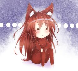  =_= animal_ears bikuseno brown_hair chibi commentary_request female fur imaizumi_kagerou long_hair purple_background sitting solo touhou wolf_ears 