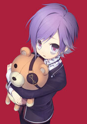  1boy bags_under_eyes blue_eyes blue_hair commentary_request diabolik_lovers eyepatch ju-zika male_focus sakamaki_kanato smile solo stuffed_animal stuffed_toy teddy_(diabolik_lovers) teddy_bear 