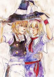  2girls absurdres alice_margatroid blonde_hair blue_eyes braid capelet commentary_request hands_up hat highres improvised_umbrella kirisame_marisa maarika multiple_girls painting_(medium) rain shared_hat touhou traditional_media watercolor_(medium) witch_hat wrist_cuffs yellow_eyes 