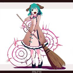  animal_ears bad_id bad_twitter_id bamboo_broom blue_footwear broom brown_dress covering_own_mouth dated dress female full_body green_hair hand_over_own_mouth holding holding_broom kasodani_kyouko letterboxed long_sleeves looking_at_viewer one_eye_closed open_mouth shishi_osamu shoes short_hair shouting socks solo touhou white_background white_socks 