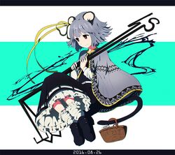  2016 alternate_costume animal_ears aqua_background bad_id bad_twitter_id basket belt belt_buckle black_dress black_footwear buckle cape dowsing_rod dress female full_body grey_cape grey_hair hair_ribbon holding holding_with_tail letterboxed long_sleeves mouse_(animal) mouse_ears mouse_tail nazrin petticoat prehensile_tail red_eyes ribbon shishi_osamu shoes smile solo tail touhou white_background white_legwear yellow_ribbon 