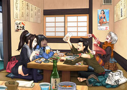  4girls alcohol ashtray bag barefoot beer bikini black_hair black_legwear bottle bowl brown_hair bururururu character_doll cigarette commentary_request crying_wolf dark-skinned_female dark_skin doll drunk food hand_on_head handbag indian_style jacket laughing laughing_octopus long_hair md5_mismatch metal_gear_(series) metal_gear_solid metal_gear_solid_4:_guns_of_the_patriots multiple_girls pantyhose ponytail psycho_mantis raging_raven restaurant sake_bottle scarf screaming_mantis short_hair sitting striped_clothes striped_pantyhose swimsuit table tears the_sorrow thighhighs white_hair 