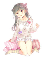  :d arm_at_side bad_id bad_pixiv_id bare_shoulders bloomers blush bow braid brown_hair candy_wrapper cat_ornament collarbone commentary_request female fingernails frilled_pillow frills full_body hair_ornament hair_over_shoulder hairbow hand_up head_tilt kneehighs kneeling knees_together_feet_apart legs light_blush long_hair long_sleeves looking_at_viewer no_shoes off-shoulder_sweater off_shoulder open_mouth original ousaka_nozomi pillow pink_bow shirt_straps side_braid simple_background sleeves_past_wrists smile socks solo striped_clothes striped_socks sweater swept_bangs tareme thigh_gap two_side_up underwear very_long_hair white_background white_bloomers white_sweater x_hair_ornament yellow_eyes 