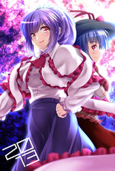  2013 2girls blush capelet commentary_request cosplay costume_switch hand_on_own_hip hat highres megawatt multiple_girls nagae_iku nagae_iku_(cosplay) no_headwear ponytail profile purple_hair red_eyes scarf smile touhou yasaka_kanako yasaka_kanako_(cosplay) 