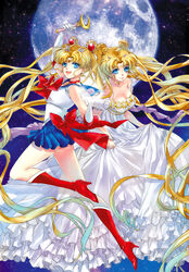  2girls absurdly_long_hair back_bow bishoujo_senshi_sailor_moon bishoujo_senshi_sailor_moon_(first_season) blonde_hair blue_eyes blue_sailor_collar bow breasts choker cleavage commentary_request crescent crescent_facial_mark dual_persona facial_mark full_moon highres long_hair maboroshi_no_ginzuishou magical_girl medium_breasts moon moon_stick_(sailor_moon) multiple_girls photoshop_(medium) princess_serenity red_bow red_choker ribbon sailor_collar sailor_moon sailor_senshi_uniform school_uniform serafuku transformation_brooch_(sailor_moon) tsukino_usagi tsuna2727 very_long_hair 