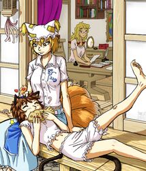  3girls ^_^ animal_ears bespectacled blonde_hair bloomers brown_hair cat_ears cat_tail chen closed_eyes commentary fangs food fox_tail glasses hat heart lap_pillow leg_up midriff mob_cap multiple_girls multiple_tails navel nekomata no_headwear purple_eyes spidu tail taiyaki touhou underwear wagashi yakumo_ran yakumo_yukari yellow_eyes 