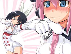  2girls :i animal_ears asuka_(busou_shinki) bad_id bad_pixiv_id black_eyes black_hair blue_eyes blush busou_shinki dd_(ijigendd) doll_joints joints leotard multiple_girls murmeltier pink_hair rabbit_ears short_hair smile sweat tears 