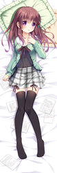  :o black_thighhighs blush bow brown_hair commentary_request dakimakura_(medium) female frilled_pillow frills full_body girlish_number karasuma_chitose_(girlish_number) long_hair looking_at_viewer lying on_back pillow plaid plaid_skirt purple_eyes purple_hair skirt solo thighhighs xia_xiang_(ozicha) zettai_ryouiki 