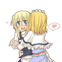  2girls alice_margatroid alternate_eye_color blonde_hair blue_eyes blush braid commentary_request from_behind hairband heart hug kirisame_marisa long_hair multiple_girls natsuk no_headwear open_mouth short_hair spoken_heart sweatdrop touhou yuri 