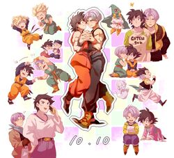  3boys :d :o annoyed baby black_eyes black_hair blonde_hair blue_eyes blush_stickers bug butterfly cellphone commentary_request dancing dated dougi dragon_ball dragon_ball_gt dragon_ball_super dragon_ball_z eye_contact fusion_dance gotenks hand_on_another&#039;s_shoulder hand_to_own_mouth holding holding_hands holding_phone interlocked_fingers long_sleeves looking_at_another male_focus metamoran_vest mighty_mask multicolored_hair multiple_boys open_mouth phone purple_hair raiku_(ugougomemomemo) running short_hair smile son_goten spiked_hair super_ghost_kamikaze_attack super_saiyan super_saiyan_1 trunks_(dragon_ball) two-tone_hair whispering wristband yaoi 