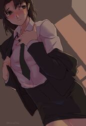  bad_id bad_pixiv_id blush brown_eyes brown_hair commentary_request dress_shirt female formal genderswap_(mtf) ghost_in_the_shell hand_on_own_chest indoors katsuoboshi long_hair looking_to_the_side necktie pencil_skirt removing_jacket rule_63 shirt skirt solo sweatdrop togusa_(gits) twitter_username white_shirt 