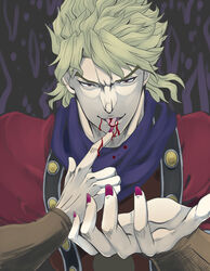  1boy bad_id bad_pixiv_id birthmark blonde_hair blood blood_in_mouth dio_brando ear_birthmark jojo_no_kimyou_na_bouken male_focus nail_polish neko_nami83 phantom_blood red_eyes solo vampire 