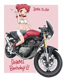  absurdres bad_id bad_pixiv_id bandeau birthday blush female harukaze_doremi heart highres konkon midriff motor_vehicle motorcycle navel ojamajo_doremi one_eye_closed open_mouth photoshop_(medium) red_hair shorts smile solo taut_clothes 