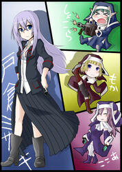  battle_sister_chocolat battle_sister_cocoa battle_sister_mocha bike_shorts blonde_hair blouse blue_eyes boots cardfight!!_vanguard cardfight!!_vanguard_(cards) esupe green_hair gun long_hair looking_at_viewer machine_gun multiple_girls nun oracle_think_tank pixiv_thumbnail purple_hair resized school_uniform short_hair silver_hair skirt thighhighs tokura_misaki weapon 