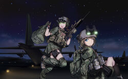  2girls absurdres adapted_uniform aircraft airplane assault_rifle backpack bag belt blue_eyes blush brown_hair c-130_hercules camouflage camouflage_skirt chinese_commentary commentary_request fn_scar girlcam_(tanto) gloves gun h&amp;k_hk416 headset heckler_&amp;_koch helmet highres holster knee_pads load_bearing_vest looking_at_viewer military military_uniform multiple_girls night night_sky night_vision_device one_eye_closed open_mouth radio rifle running runway scope short_hair short_twintails sitting skirt sky smile soldier star_(sky) tanto_(tc1995) teeth thigh_holster twintails uniform united_states united_states_navy war weapon 