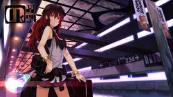  bad_id bad_pixiv_id bag black_shirt black_shorts bracelet brown_eyes brown_hair clothes_around_waist commentary_request earrings female gochiwa hat highres jewelry long_hair original scenery shirt short_shorts shorts solo stud_earrings suitcase sweater sweater_around_waist white_shirt 