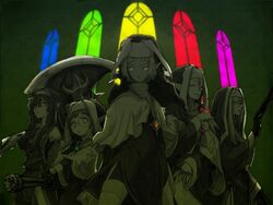  5girls axe battle_sister_chocolat battle_sister_cocoa battle_sister_maple battle_sister_mocha battle_sister_vanilla blonde_hair cardfight!!_vanguard church elf gun headdress knife looking_at_viewer machine_gun multiple_girls nun oracle_think_tank pointy_ears purple_hair red_hair sleeveless weapon 