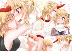  2girls arms_around_neck bad_id bad_pixiv_id black_shirt blonde_hair blush breasts closed_eyes commentary_request constricted_pupils embarrassed eye_contact green_eyes hair_between_eyes hand_on_another&#039;s_shoulder head_kiss head_tilt heart height_difference highres horns hoshiguma_yuugi imminent_kiss japanese_clothes kissing kissing_forehead kissing_hand kumeringo_touho large_breasts long_hair looking_at_another mizuhashi_parsee multiple_girls multiple_views oerba_yun_fang open_mouth parted_bangs pointy_ears pouty_lips red_eyes shirt short_hair short_sleeves single_horn sleeveless sleeveless_shirt spoken_heart touhou wavy_mouth white_shirt yuri 