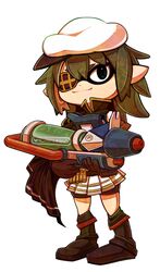  bike_shorts brown_gloves cape collar commentary_request eyepatch female gloves green_hair hat inkling inkling_player_character kantai_collection pleated_skirt pointy_ears remodel_(kantai_collection) ryuuto_(ryutopia) school_uniform shoes short_hair skirt smile solo splatoon_(series) splatoon_1 splattershot_pro_(splatoon) tentacle_hair thighhighs turtleneck weapon white_skirt 