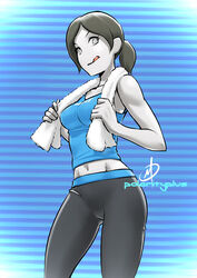  :p black_hair breasts closed_mouth daniel_macgregor female female looking_at_viewer nintendo pants solo sweatpants tongue tongue_out towel wii_fit wii_fit_trainer 