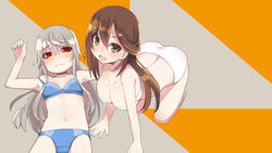  2girls :d alice_gear_aegis all_fours arm_up ass bare_arms bare_legs bare_shoulders barefoot blue_bra blue_panties blush bra breasts brown_eyes brown_hair cleavage closed_mouth commentary hair_between_eyes highres jinguuji_mari large_breasts long_hair looking_at_viewer low_twintails lying maze_(gochama_ze_gohan) multiple_girls navel on_back open_mouth panties photoshop_(medium) red_eyes silver_hair small_breasts smile twintails underwear underwear_only usamoto_anna very_long_hair wavy_mouth white_bra white_panties 