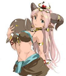  :&gt; animal_ears arm_behind_back armlet bad_id bad_pixiv_id bangle blue_eyes bracelet breasts channemo cow_ears cow_girl cow_horns dark-skinned_female dark_skin earrings egyptian female hair_ornament hathor_(p&amp;d) headpiece holding horns jar jewelry long_hair navel pink_hair puzzle_&amp;_dragons ring simple_background smile solo white_background 