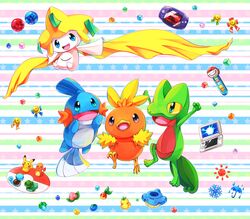  :d annotated aqua_eyes berry_(pokemon) bird blue_eyes blue_orb_(pokemon) bulbasaur charmander colored_sclera commentary_request flame-tipped_tail food fruit game_boy_advance handheld_game_console jirachi jumping lai_(pixiv1814979) leppa_berry medal mudkip multicolored_background nintendo_ds no_humans open_mouth oran_berry orb pecha_berry pikachu pink_eyes pokeblock pokeblock_case pokemon pokemon_(creature) rawst_berry red_orb_(pokemon) sitrus_berry smile snowflakes squirtle starter_pokemon_trio striped striped_background sun_symbol torchic treecko umbrella wailmer_pail water watering_can yellow_sclera 