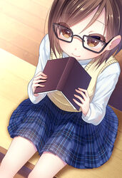  book brown_eyes brown_hair commentary_request female glasses highres long_sleeves looking_up original plaid plaid_skirt pleated_skirt short_hair sitting skirt smile solo sweater_vest warabimochi_kinako 