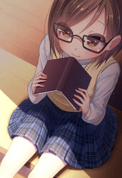  book brown_eyes brown_hair commentary_request female glasses highres long_sleeves looking_up original plaid plaid_skirt pleated_skirt shadow short_hair sitting skirt smile solo sweater_vest warabimochi_kinako 