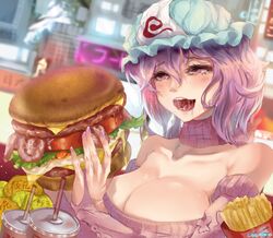  alternate_costume artist_name bacon bare_shoulders blizzomos blurry blush breasts burger cheese cleavage collarbone commentary contemporary depth_of_field detached_sleeves female food french_fries hair_between_eyes hat highres holding holding_food large_breasts lettuce mob_cap nail_polish open_mouth pink_eyes pink_hair pink_nails pink_scarf ribbed_sweater saigyouji_yuyuko saliva scarf soda solo sweater tomato touhou triangular_headpiece upper_body 