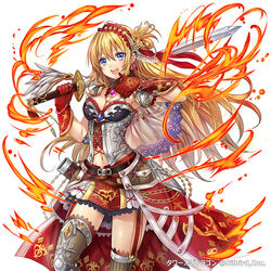  armor bikini_armor blonde_hair blue_hair commentary_request female fire gloves headdress jewelry long_hair looking_at_viewer madogawa necklace official_art original photoshop_(medium) skirt smile solo sword tower_of_dragon weapon 