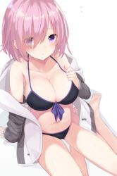  arm_at_side arm_support bare_legs bare_shoulders barefoot bikini black_bikini blush breasts cleavage collarbone commentary eyes_visible_through_hair fate/grand_order fate_(series) female front-tie_bikini_top front-tie_top hair_over_one_eye hand_on_breast hand_on_own_chest highres huuyu_1z jacket large_breasts light_frown long_sleeves looking_at_viewer looking_up mash_kyrielight off_shoulder open_clothes open_jacket pink_hair purple_eyes purple_ribbon ribbon short_hair sitting sleeves_past_wrists solo sweat swimsuit track_jacket white_jacket yokozuwari 