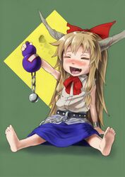  barefoot baten_(gei-vorugu) blonde_hair blush bow commentary_request drunk female gourd hairbow highres horns ibuki_suika long_hair oerba_yun_fang ribbon solo touhou 