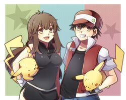  1boy black_hair blue_(pokemon) blue_(pokemon)_(classic) brown_eyes brown_hair dress female hat long_hair mokorei pikachu pokemon pokemon_(game) pokemon_rgby red_(pokemon) red_(pokemon)_(classic) 