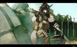  2018 absurd_res aircraft anthro armor assault_rifle black_bars black_hair blue_eyes camo car clothed clothing digital_media_(artwork) electronics fish fully_clothed gloves grey_body grey_skin gun hair handwear headgear headphones headset helicopter helmet hi_res holding_gun holding_object holding_ranged_weapon holding_weapon knee_pads letterbox m4 male marine military outside pgm300 ranged_weapon rifle shaded shark solo standing vehicle weapon white_body white_skin 