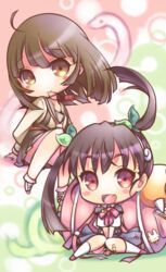  2girls backpack bag bakemonogatari bandaid bandaid_on_knee bandaid_on_leg black_hair bookmark brown_eyes brown_hair chibi commentary_request green_ribbons hachikuji_mayoi hair_ribbon hairband kuchinawa long_hair monogatari_(series) mouth_hold multiple_girls nanahyakuichi_middle_school_uniform oerba_yun_fang red_eyes ribbon ro_(igris-geo) school_uniform sengoku_nadeko serafuku short_hair sitting snail snake twintails wariza 