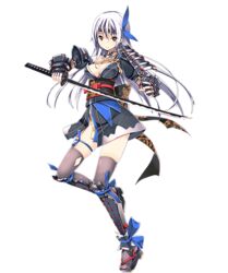  alpha_transparency aoki_kanemoto_(tenka_hyakken) armor blunt_bangs breasts cleavage female full_body hair_ribbon headband japanese_armor long_hair medium_breasts official_art refeia ribbon shoulder_armor skindentation smile sode solo sword tenka_hyakken thighhighs transparent_background weapon yellow_eyes 